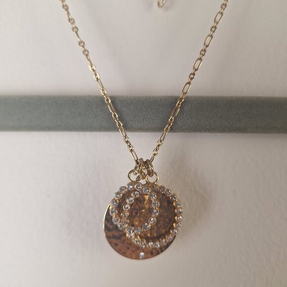 Gold Tone Pendant Necklace Hammered Disc Rhinestone Circles 16"+2" Ext. - Picture 5 of 7